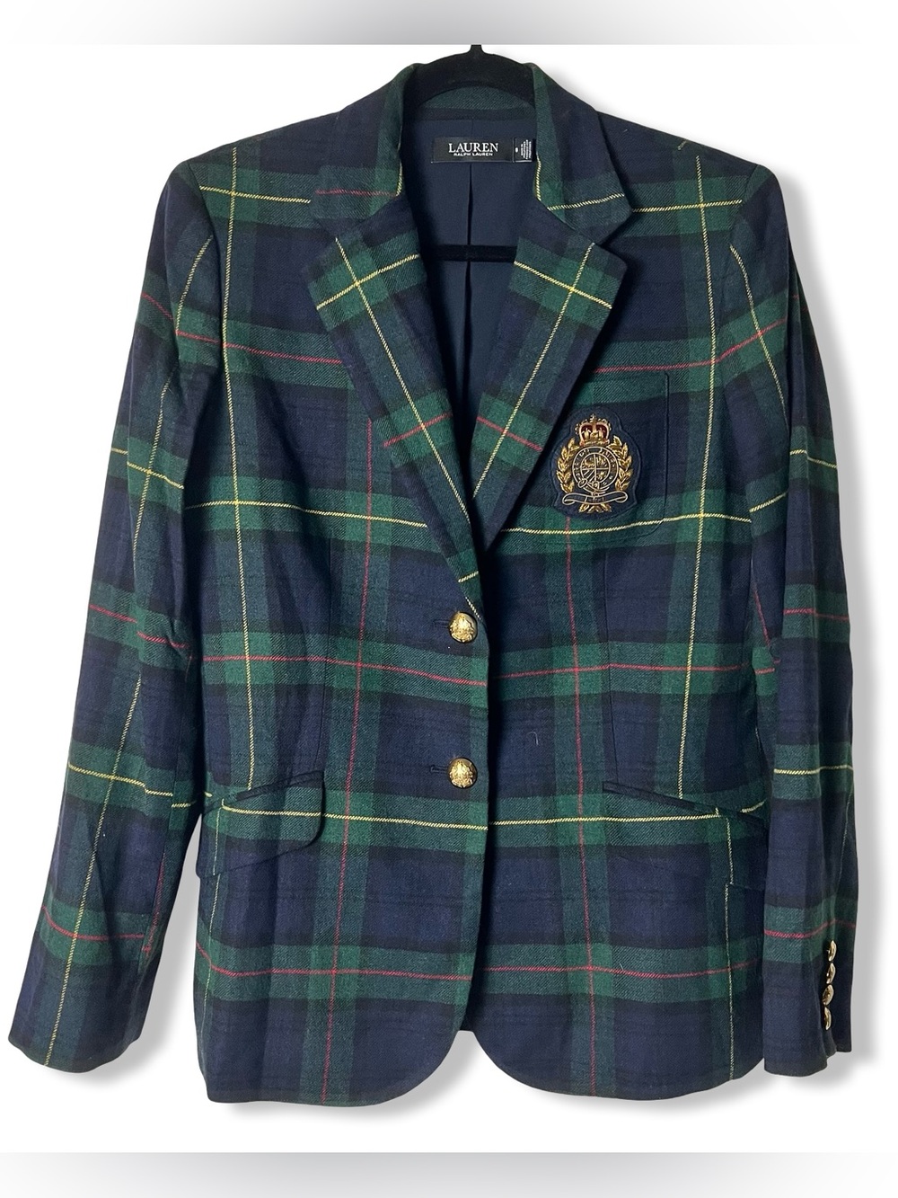 Lauren Ralph Lauren Womens Tartan Plaid Bullion Crest Blazer Navy Green Sz 8